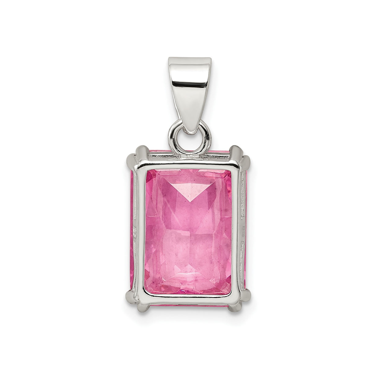 Sterling Silver Pendant with Emerald Cut Cubic Zirconia, Pink Rectangle Gemstone Charm for Women