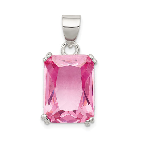 Sterling Silver Pendant with Emerald Cut Cubic Zirconia, Pink Rectangle Gemstone Charm for Women