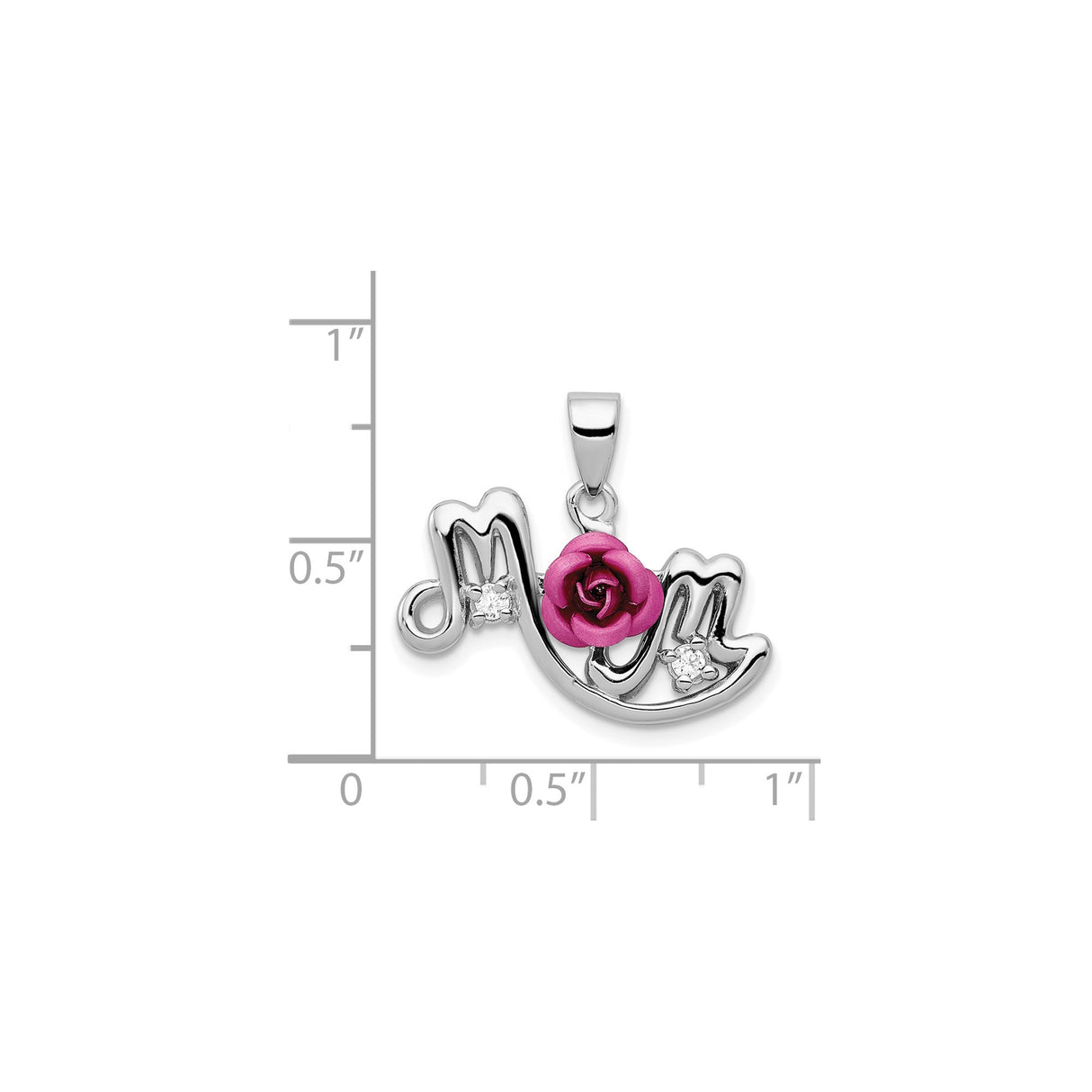 Sterling Silver Mom Pendant with Cubic Zirconia, Pink Rose and Heart Design