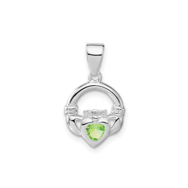 Sterling Silver Claddagh Pendant with Green Heart Cubic Zirconia, Celtic Love Loyalty Friendship Symbol