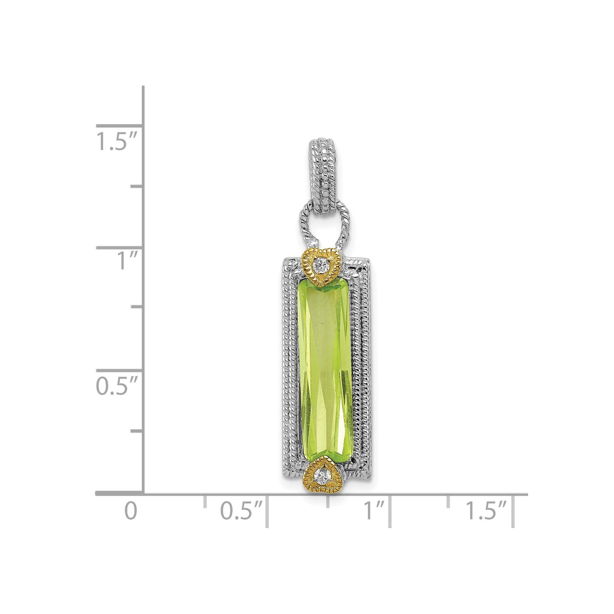 Sterling Silver Pendant with Rectangular Green Cubic Zirconia and Gold Tone Heart Accents
