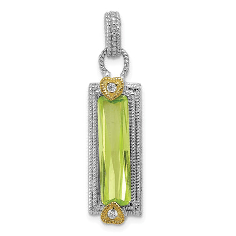 Sterling Silver Pendant with Rectangular Green Cubic Zirconia and Gold Tone Heart Accents