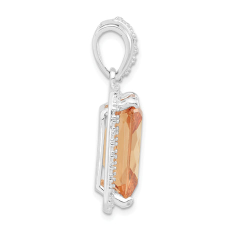 Sterling Silver Pendant with Large Rectangular Orange Cubic Zirconia and Clear Crystal Border