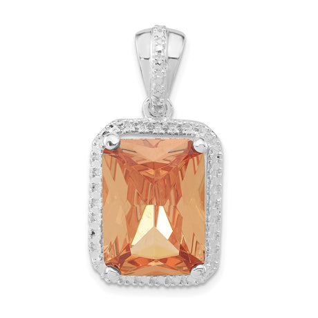 Sterling Silver Pendant with Large Rectangular Orange Cubic Zirconia and Clear Crystal Border