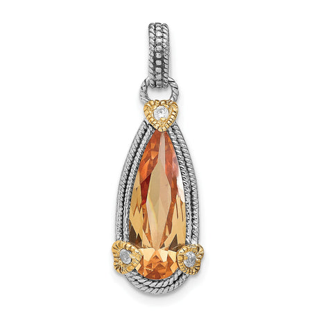 Sterling Silver Teardrop Pendant with Amber Colored Gemstone, Floral Motif, Cubic Zirconia Accents