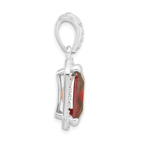 Sterling Silver Pendant with Square Cut Red Cubic Zirconia and Clear Halo Stones