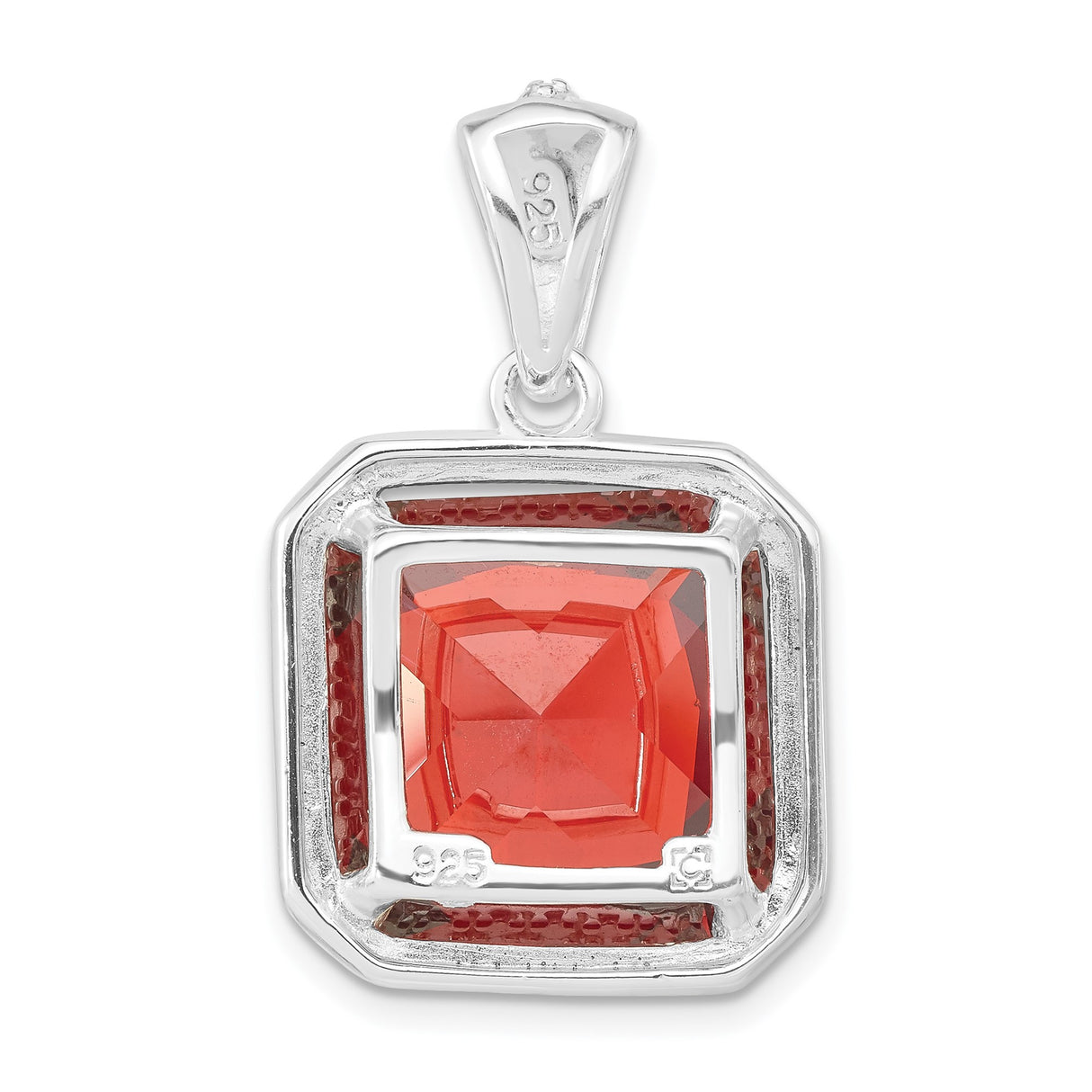 Sterling Silver Pendant with Square Cut Red Cubic Zirconia and Clear Halo Stones