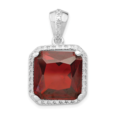 Sterling Silver Pendant with Square Cut Red Cubic Zirconia and Clear Halo Stones
