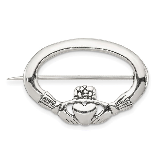 Sterling Silver Claddagh Brooch with Heart, Hands and Crown, Traditional Irish Pin