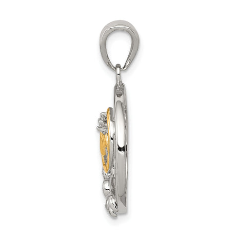Sterling Silver Mom Pendant with Cubic Zirconia, Gold Plated, Heart Script and Floral Accents