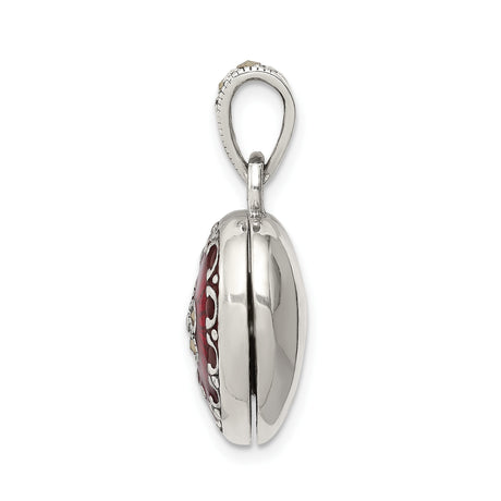 Sterling Silver Heart Locket Pendant with Deep Red Enamel and Marcasite Accents, Vintage Style
