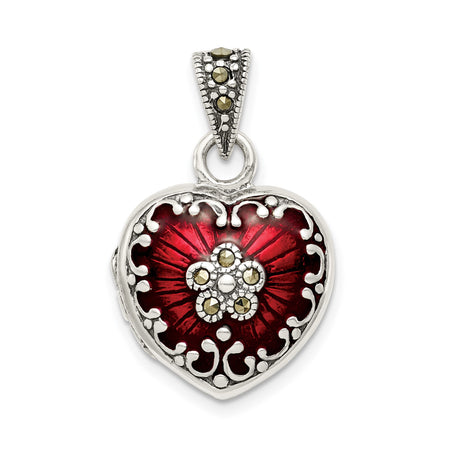 Sterling Silver Heart Locket Pendant with Deep Red Enamel and Marcasite Accents, Vintage Style