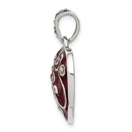 Red Enamel and Marcasite Heart Charm Pendant in Real 925 Sterling Silver