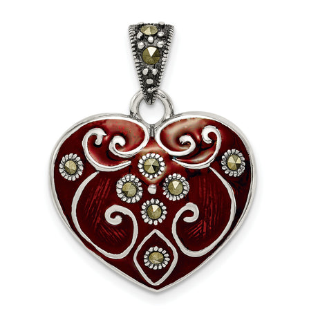 Red Enamel and Marcasite Heart Charm Pendant in Real 925 Sterling Silver