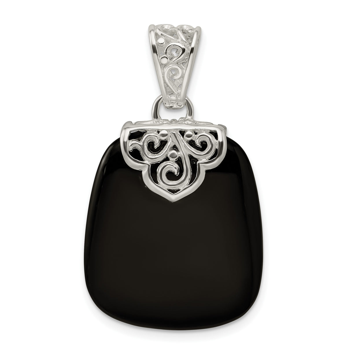 Sterling Silver Filigree Pendant with Onyx, Vintage Scrollwork and Antique Finish