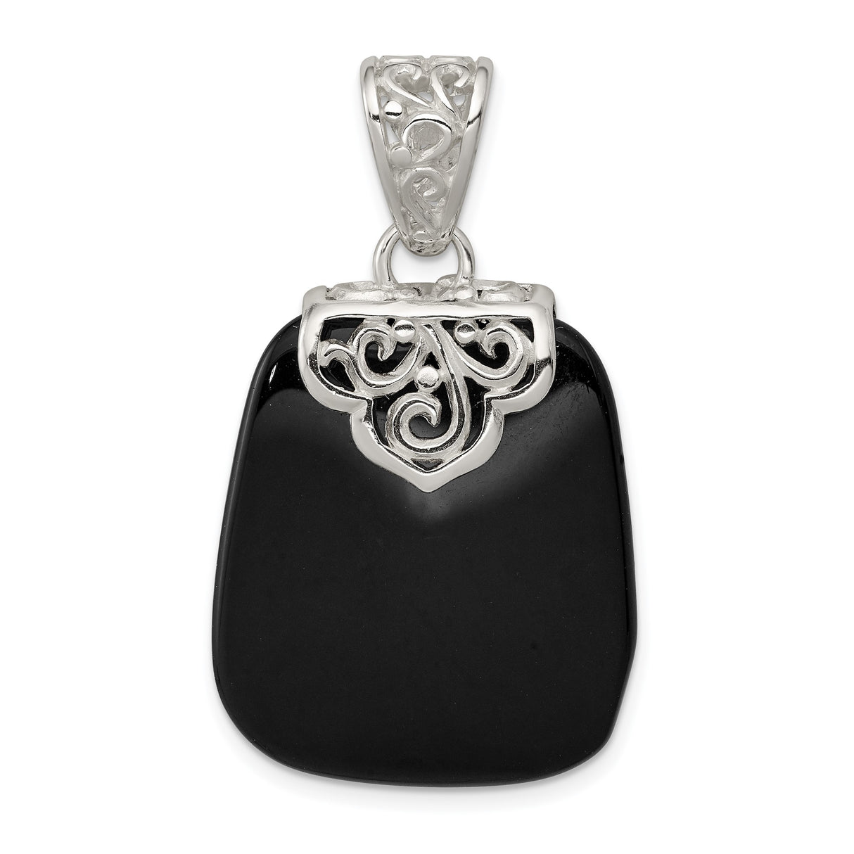 Sterling Silver Filigree Pendant with Onyx, Vintage Scrollwork and Antique Finish