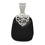 Sterling Silver Filigree Pendant with Onyx, Vintage Scrollwork and Antique Finish