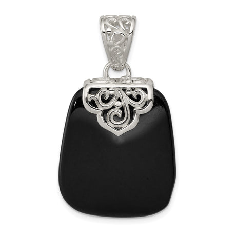 Sterling Silver Filigree Pendant with Onyx, Vintage Scrollwork and Antique Finish