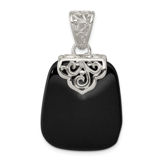 Sterling Silver Filigree Pendant with Onyx, Vintage Scrollwork and Antique Finish