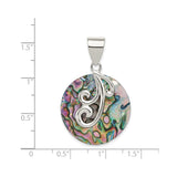 Sterling Silver Round Abalone Shell Pendant with Filigree Swirl Design, Boho Style