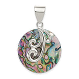 Sterling Silver Round Abalone Shell Pendant with Filigree Swirl Design, Boho Style