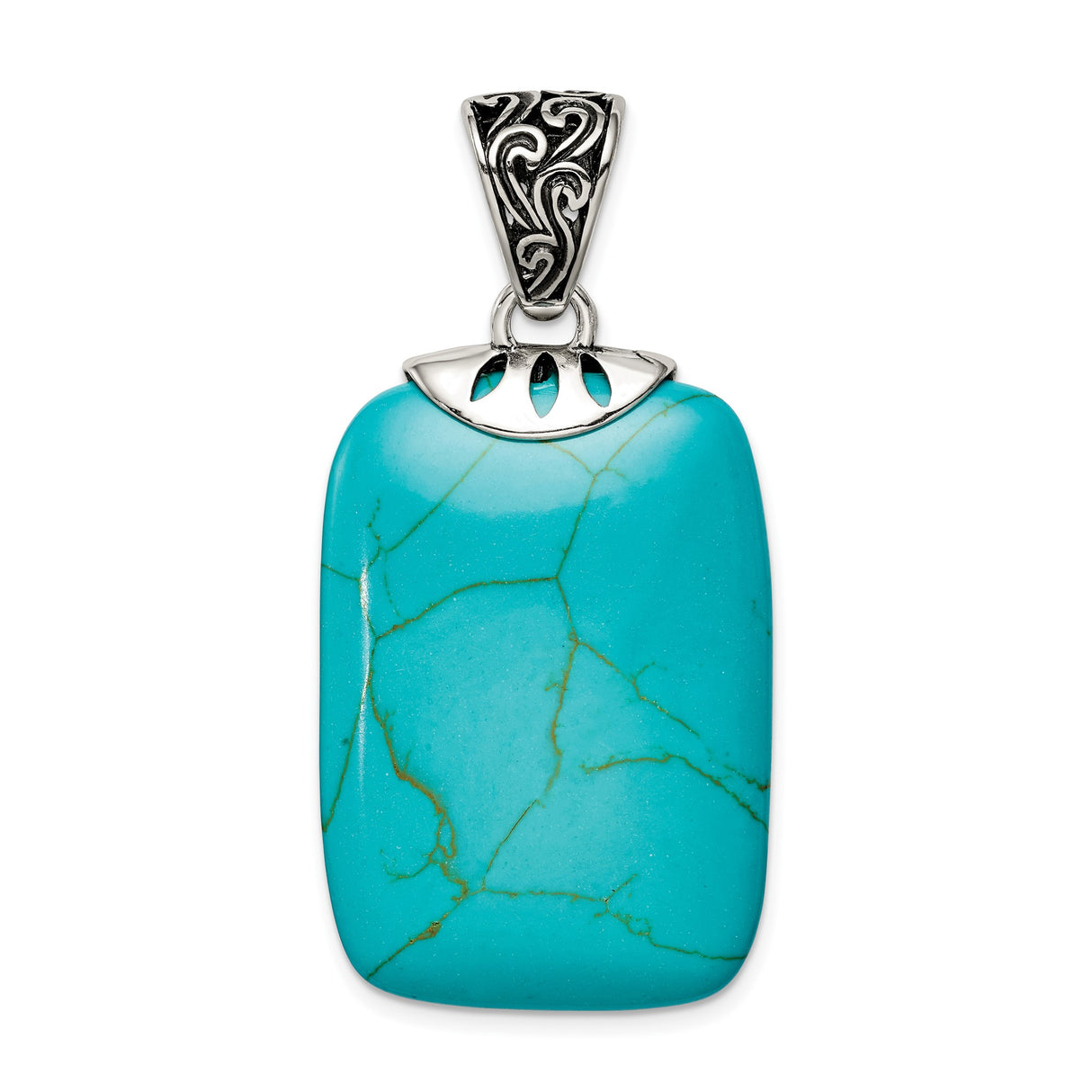 Sterling Silver Pendant with Turquoise, Rectangular Stone, Southwest Boho Scrollwork Style