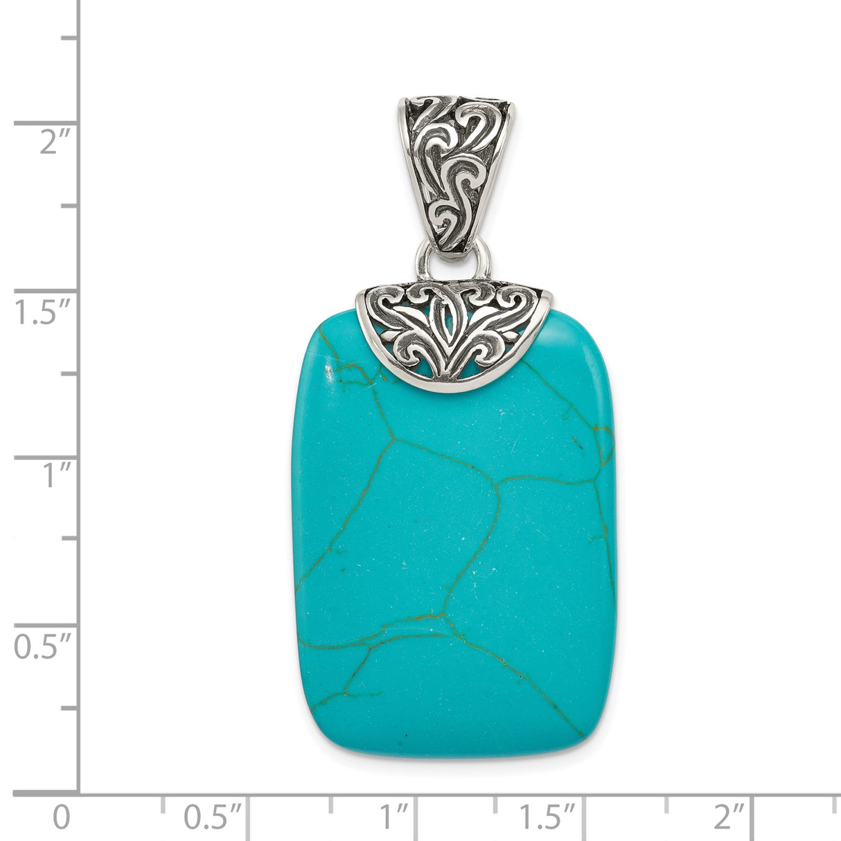Sterling Silver Pendant with Turquoise, Rectangular Stone, Southwest Boho Scrollwork Style