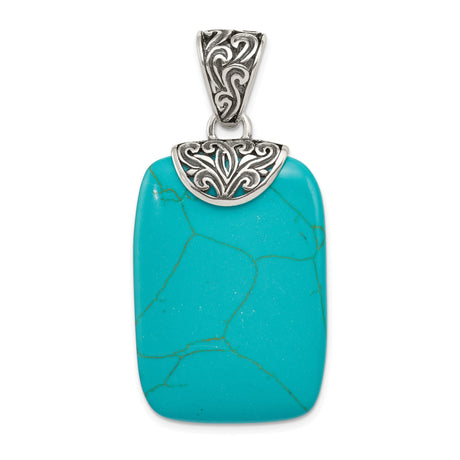 Sterling Silver Pendant with Turquoise, Rectangular Stone, Southwest Boho Scrollwork Style