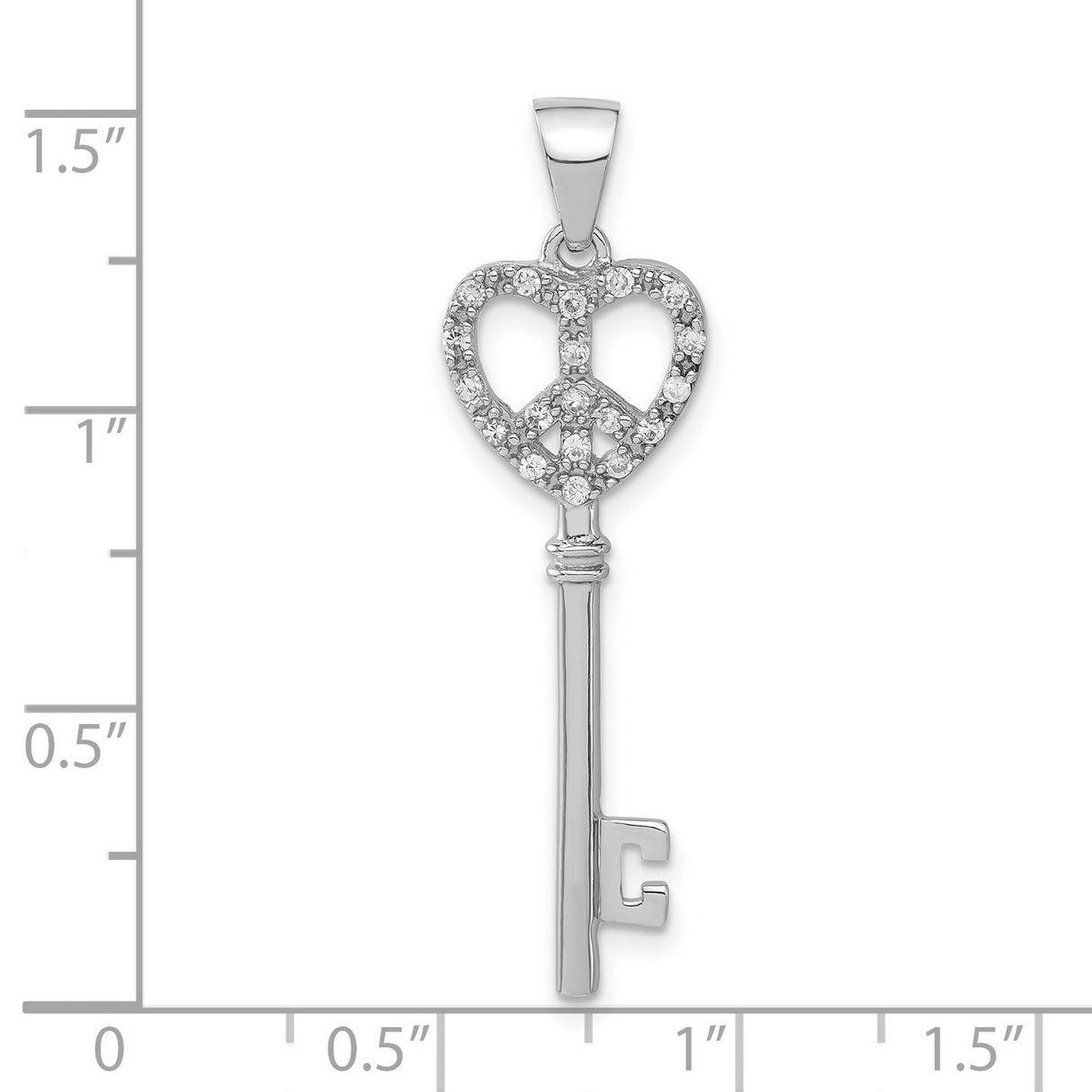 Sterling Silver Heart Key Pendant with Cubic Zirconia, Peace Sign Symbol, Boho Spiritual Style
