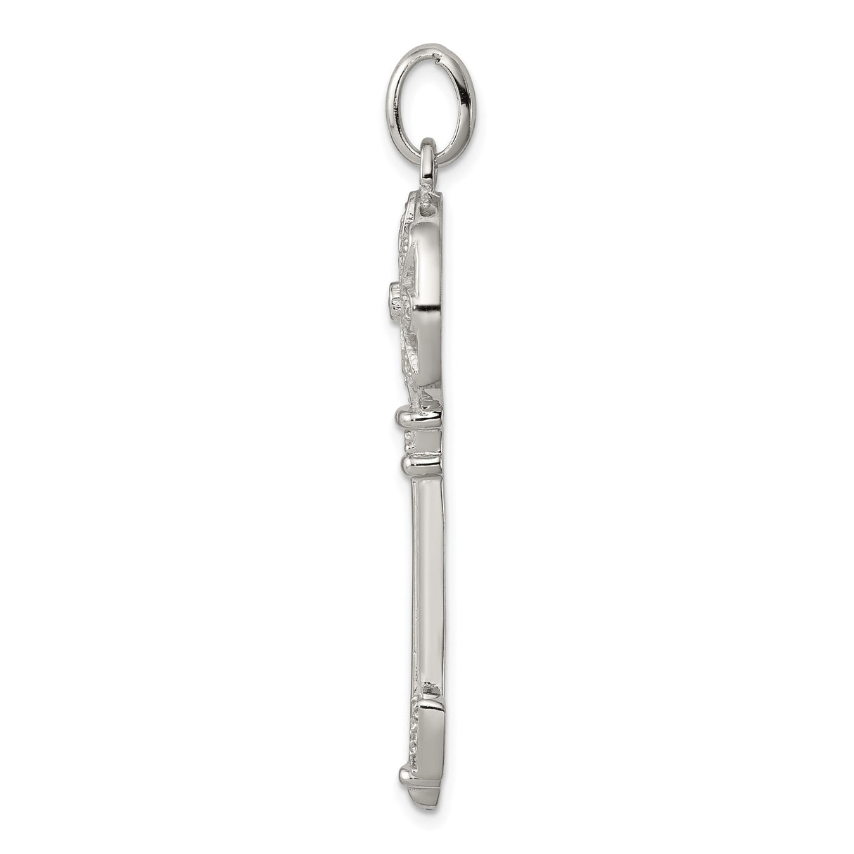 Sterling Silver Key Pendant with Cubic Zirconia, Floral Filigree Design, Romantic Symbolic Jewelry