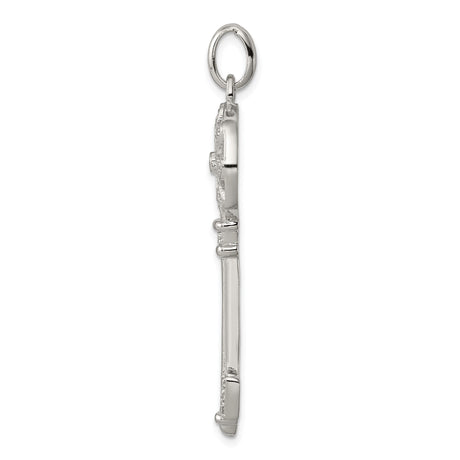 Sterling Silver Key Pendant with Cubic Zirconia, Floral Filigree Design, Romantic Symbolic Jewelry
