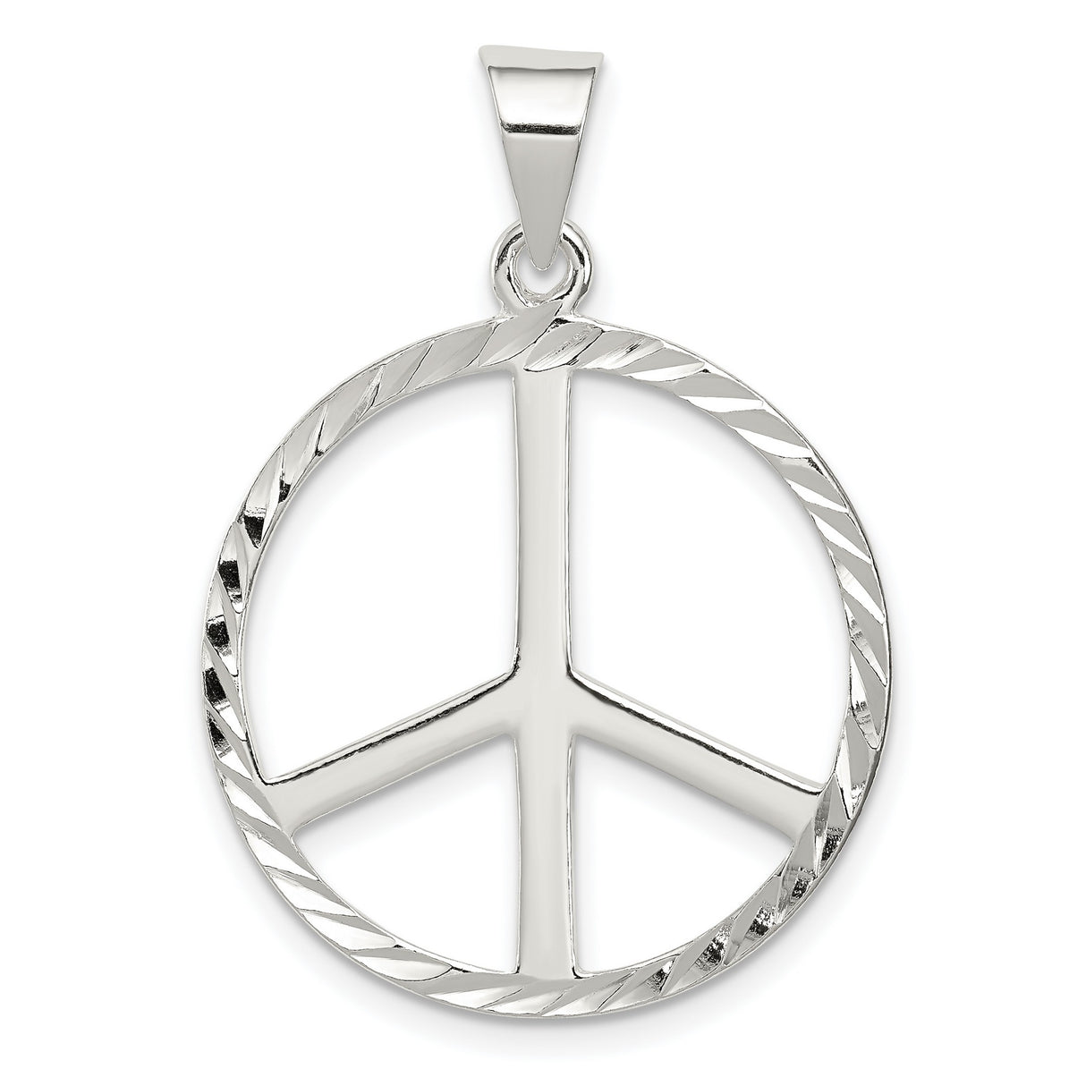Sterling Silver Peace Sign Pendant with Textured Circular Border, Boho Hippie Style Charm