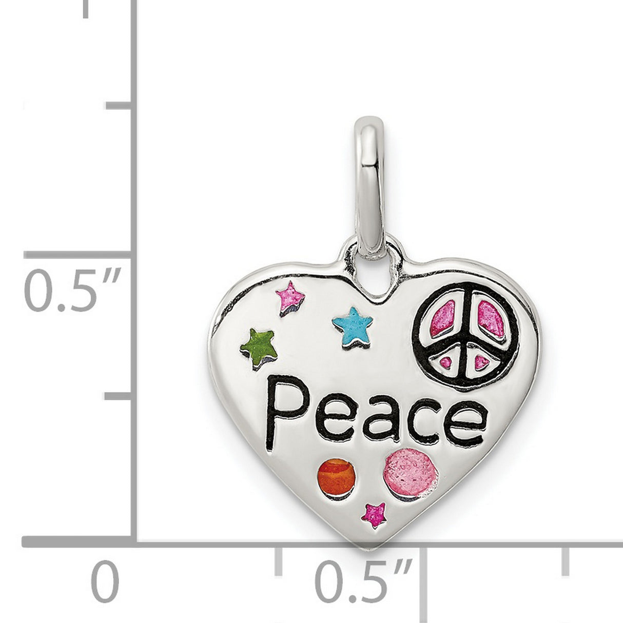Sterling Silver Heart Pendant with Enamel Stars, Dots, and Pink Peace Sign , Boho Style for Girls