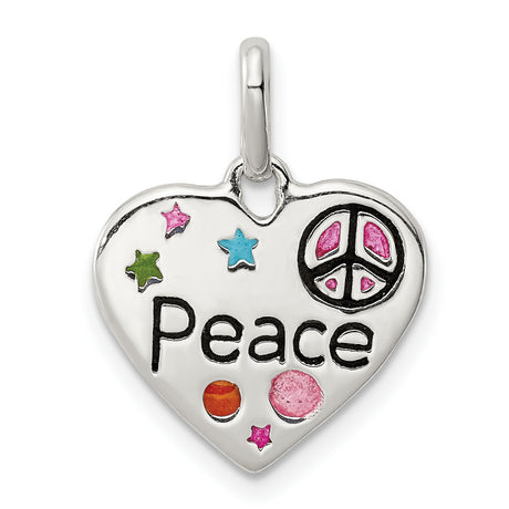 Sterling Silver Heart Pendant with Enamel Stars, Dots, and Pink Peace Sign , Boho Style for Girls