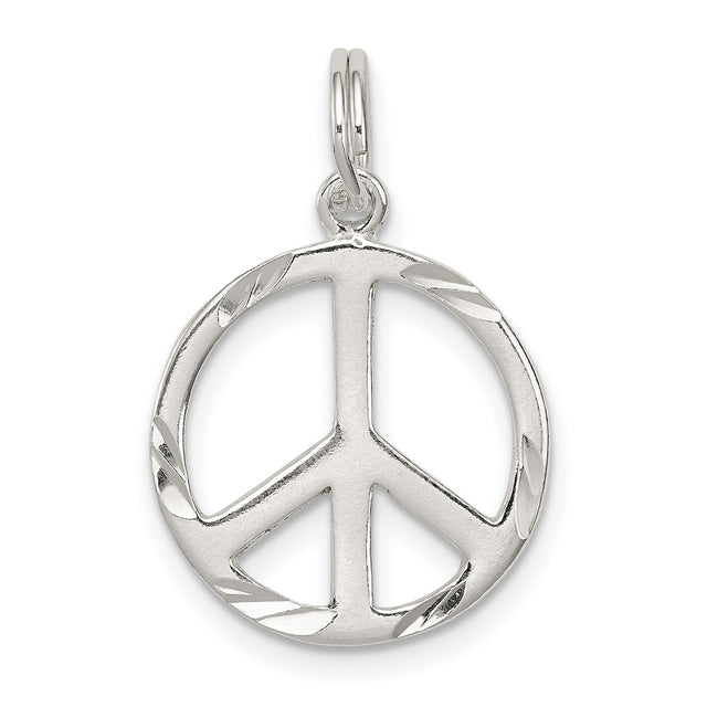 Sterling Silver Peace Sign Pendant with Polished Finish and Etched Accents, Unisex Boho Style