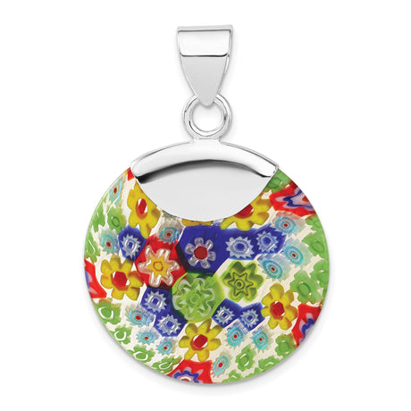 Sterling Silver Round Pendant with Millefiori Murano Glass, Colorful Floral Mosaic Design