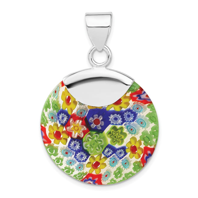 Sterling Silver Round Pendant with Millefiori Murano Glass, Colorful Floral Mosaic Design