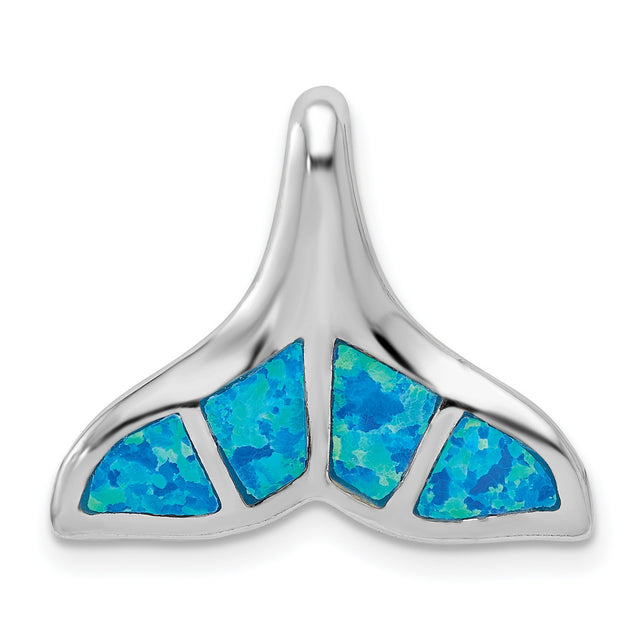Created Blue Opal Inlay Whale Tail Chain Slide Charm Pendant in Real 925 Sterling Silver