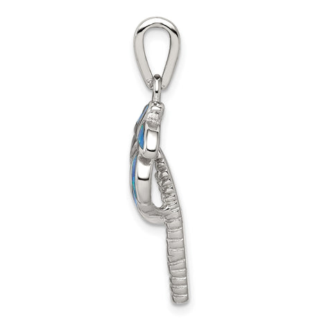 Sterling Silver Palm Tree Pendant with Lab Created Blue Green Opal Inlay, Tropical Beach Theme
