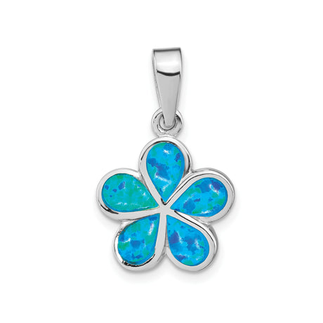 Sterling Silver Flower Pendant with Lab Created Blue Opal, Five Petal Floral Design