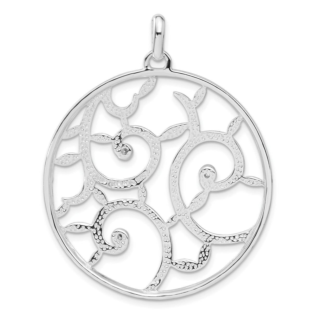 Sterling Silver Pendant with Cubic Zirconia, Swirling Vine Openwork Design, Nature-Inspired Motif