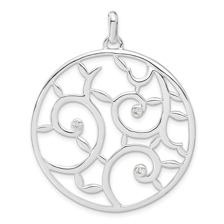 Sterling Silver Pendant with Cubic Zirconia, Swirling Vine Openwork Design, Nature-Inspired Motif