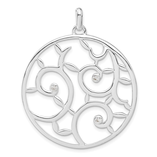 Sterling Silver Pendant with Cubic Zirconia, Swirling Vine Openwork Design, Nature-Inspired Motif
