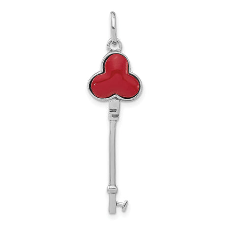 Sterling Silver Key Pendant with Red Enamel Clover, Vintage Inspired Design for Women