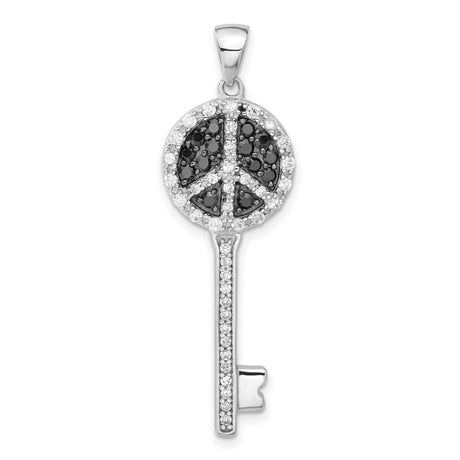 Sterling Silver Key Shaped Pendant with Cubic Zirconia, Peace Symbol, Boho Retro Style
