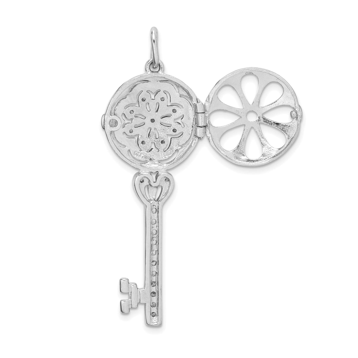 Sterling Silver Key Pendant with Cubic Zirconia, Floral Filigree Vintage Design