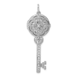 Sterling Silver Key Pendant with Cubic Zirconia, Floral Filigree Vintage Design