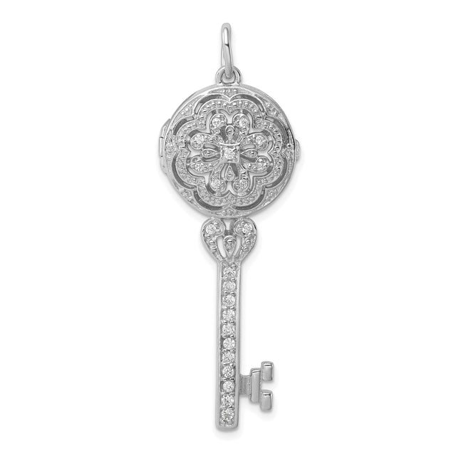 Sterling Silver Key Pendant with Cubic Zirconia, Floral Filigree Vintage Design