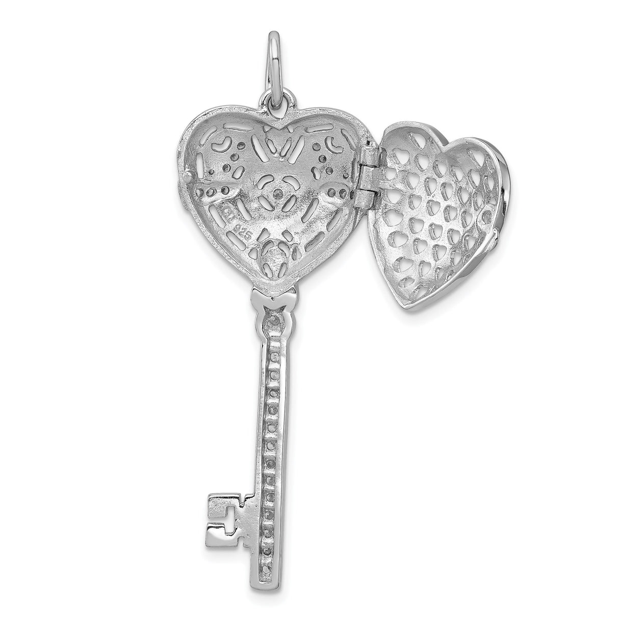 Sterling Silver Heart Key Pendant with Cubic Zirconia, Filigree Design for Women
