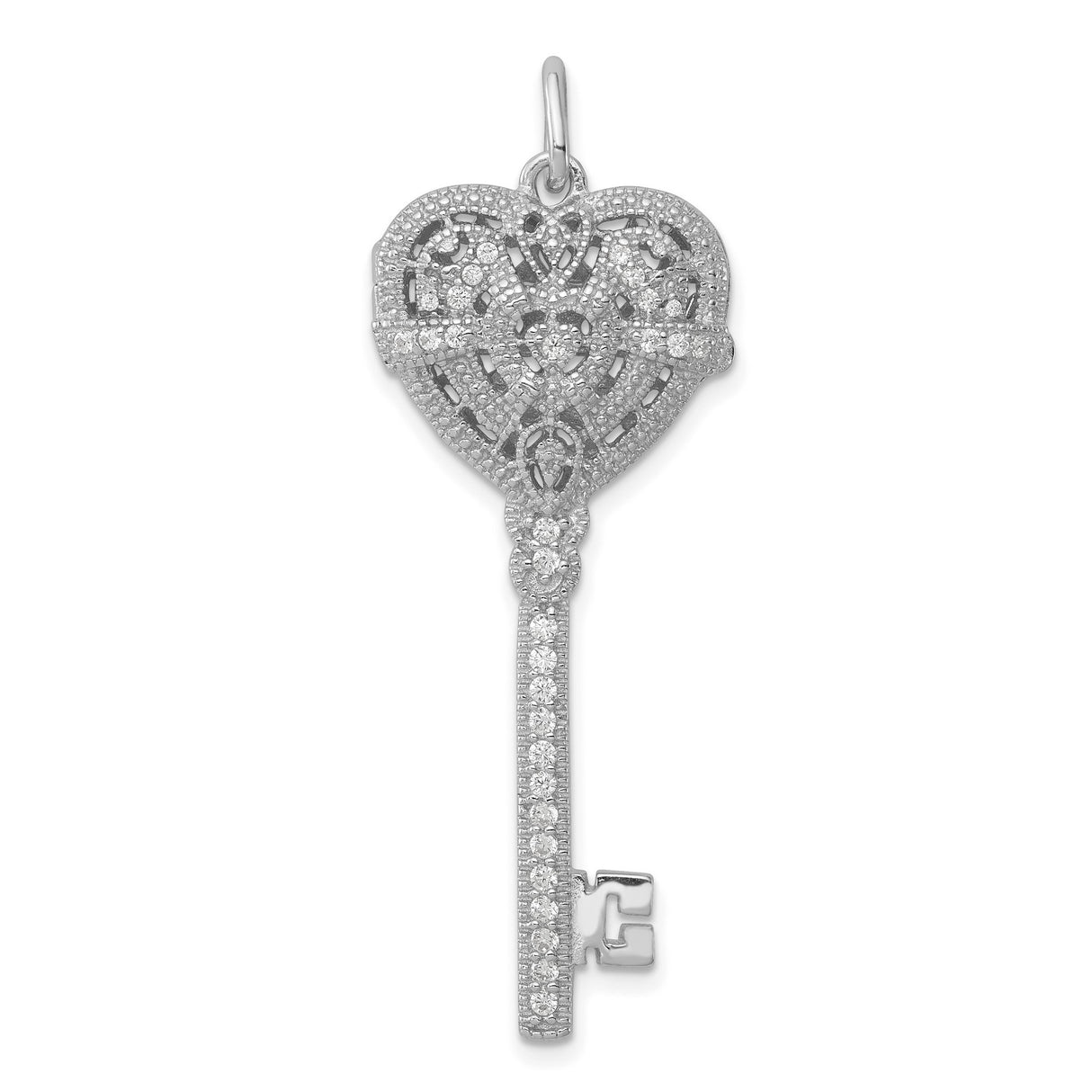 Sterling Silver Heart Key Pendant with Cubic Zirconia, Filigree Design for Women
